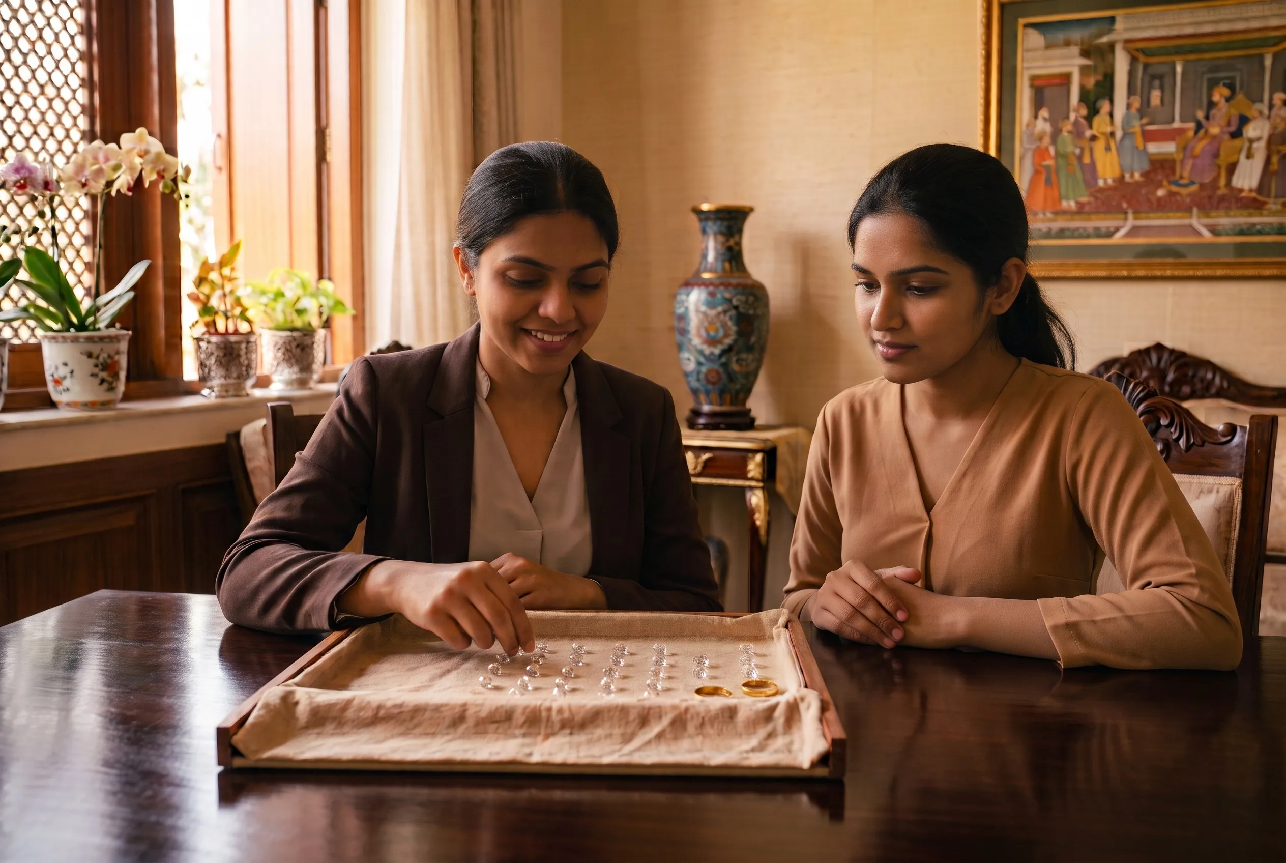 An appointment at home, with loose stones laid out on a tray.
